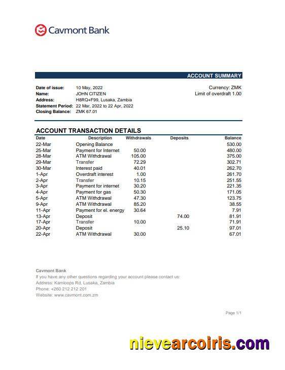 Zambia Cavmont bank statement, Excel and PDF